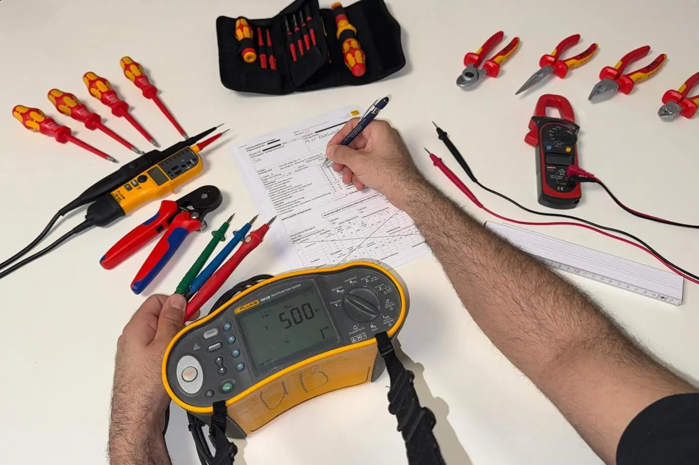 Elektriker von PV21 misst mit dem Installationstester und füllt das Prüfprotokoll aus
